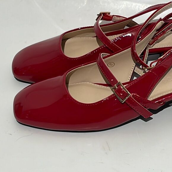 Coutgo Women's Red Patent Square Toe Block Heel Sling Back Pumps Size 5 - Picture 7 of 12